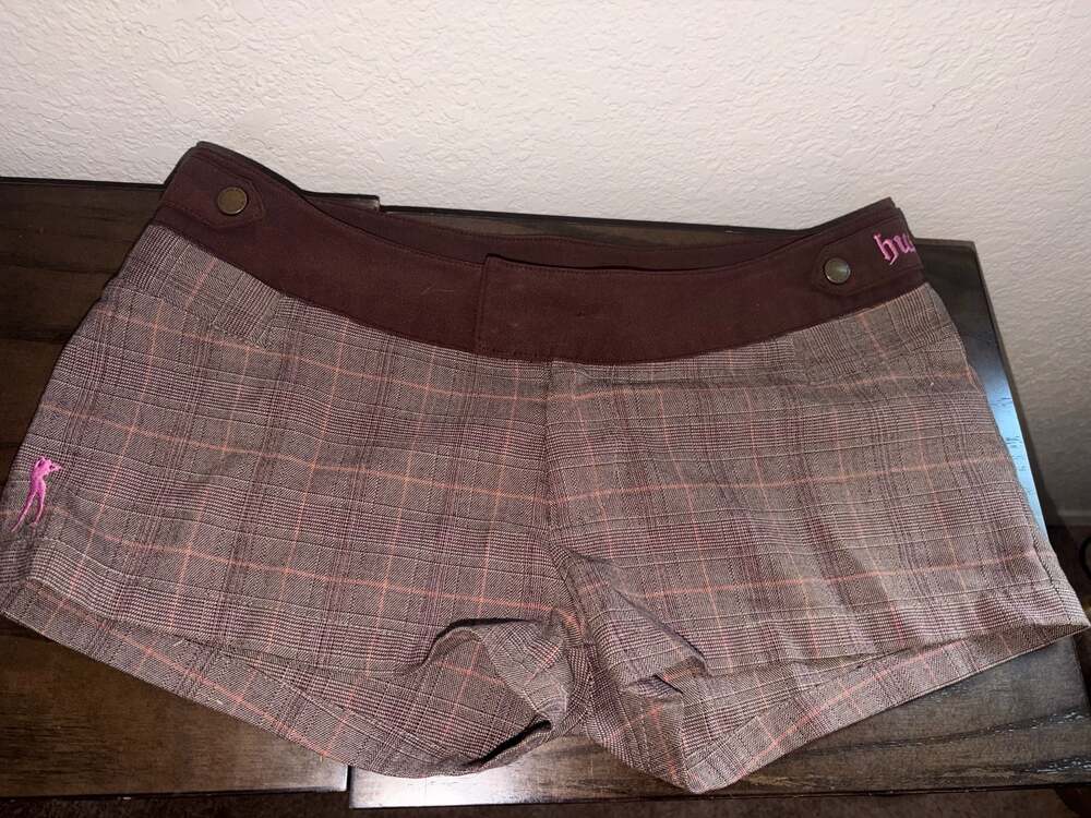 Hustler Hardcore Since '74 Women's Brown Plaid Low-Rise Mini Shorts